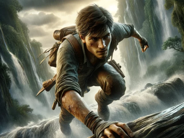 DALL·E 2024-06-04 10.01.47 - A young, rugged adventurer actively facing challenging obstacles. The character is in motion, leaping over a raging river, climbing a towering cliff,