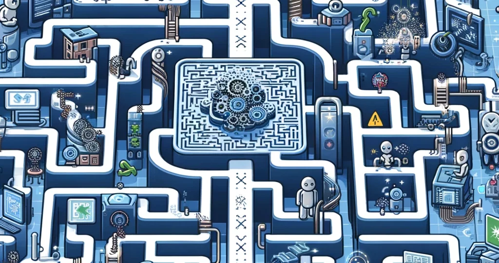 DALL·E 2024-06-07 15.40.03 - An illustration of a complex maze with various pathways. Some pathways lead to dead ends with symbols of AI failures like broken robots or malfunction