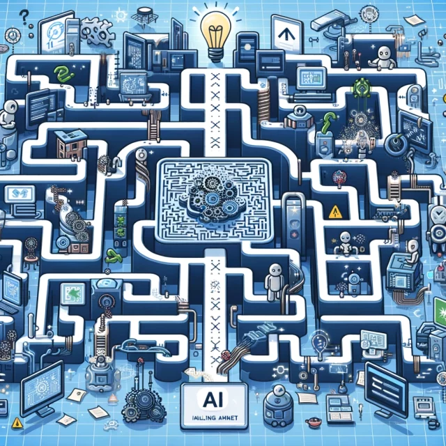 DALL·E 2024-06-07 15.40.03 - An illustration of a complex maze with various pathways. Some pathways lead to dead ends with symbols of AI failures like broken robots or malfunction